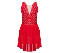 RUNQHUI Enfant Fille Robe Patinage Artistique Strass Justaucorps sans Manches Body Danse Gym Tenue Compétition Spectacle Rouge 7-8 Ans