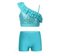 RUNQHUI Enfant Fille Tenue Gymnastique Paillette Brillant Ensemble Ballet Danse Gym Justaucorps Danse Classique Dancewear 5-14 Ans Turquoise 9-10 ans