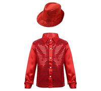 RUNQHUI Enfant Garçon Chemise Paillette Disco Jazz Chemise Manches Longues Costume Soirée Tenue Spectacle 4-14 Ans Type A Rouge 9-10 Ans