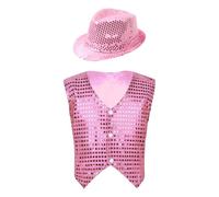 RUNQHUI Enfant Garçon Gilet Paillette avec Chapeau à Paillette Costume Disco Jazz Spectacle Carnaval Fête 3-15 Ans Type A Rose Clair 13-14 Ans