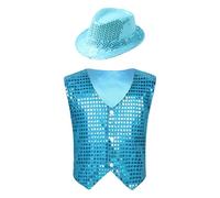 RUNQHUI Enfant Garçon Gilet Paillette avec Chapeau à Paillette Costume Disco Jazz Spectacle Carnaval Fête 3-15 Ans Type A Bleu Clair 9-10 Ans
