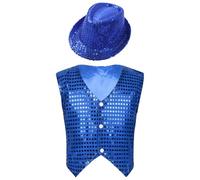 RUNQHUI Enfant Garçon Gilet Paillette avec Chapeau à Paillette Costume Disco Jazz Spectacle Carnaval Fête 3-15 Ans Type A Bleu 5-6 Ans