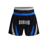 RUNQHUI Enfant Garcon Short Boxe Thai MMA Kick Boxing Pantalon Court Sport Entraînement Fitness Bleu et Argent 7-8 Ans