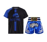 RUNQHUI Ensemble de Boxe Enfant Garçon Tenue Sport Boxe Haut et Short Muay Thai MMA Kick Boxing Entraînement Bleu 11-12 ans