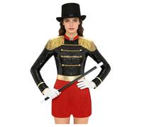 RUNQHUI Ensemble Déguisement Cirque Body Paillette Femme Costume Dompteuse Chapeau Magicien Gants Baguette Magique Carnaval Halloween Noir L