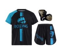 RUNQHUI Ensemble Tenue Boxe Enfant Garçon T-Shirt + Short + Gants de Boxe Muay Thai MMA Kickboxing Bleu Clair&Noir 11-12 Ans
