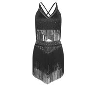 RUNQHUI Femme Costume Danse Latine Samba Rumba Tango Ensemble Tenue à Franges Strass Robe Danseuse A Noir XL