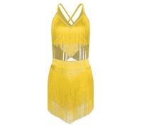 RUNQHUI Femme Costume Danse Latine Samba Rumba Tango Ensemble Tenue à Franges Strass Robe Danseuse A Jaune XL