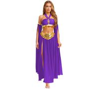 RUNQHUI Femme Costume Danse Orientale Métallique Brillant Robe Danse du Ventre Ensemble Danseuse Oriental Spectacle Tenue Halloween Carnaval Violet S