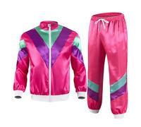 RUNQHUI Femme Déguisement Année 80 Disco Survêtement Rétro Veste + Pantalon de Jogging Tenue Disco Danse Carnaval Halloween S-XXL Rose vif S