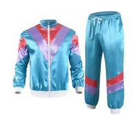 RUNQHUI Femme Déguisement Année 80 Disco Survêtement Rétro Veste + Pantalon de Jogging Tenue Disco Danse Carnaval Halloween S-XXL Bleu ciel XL