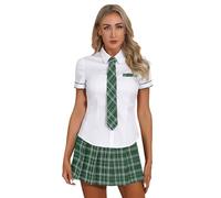 RUNQHUI Femme Ensemble Chemise et Mini Jupe Plissée Ecossaise Cravate Déguisement Ecolière Tenue Uniforme Scolaire Cosplay S-4XL Vert L