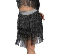 RUNQHUI Femme Jupe Danse du Ventre Franges Jupe Danse Latine Salsa Rumba Samba Swing Skirt Dancewear Noir Argent L