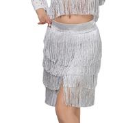 RUNQHUI Femme Jupe Danse du Ventre Franges Jupe Danse Latine Salsa Rumba Samba Swing Skirt Dancewear Argent XL