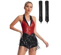 RUNQHUI Femme Justaucorps à Franges Robe Danse Jazz Moderne Gants Paillette Brillant Body Danse Latine Chacha Tango A Rouge XL