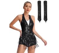 RUNQHUI Femme Justaucorps à Franges Robe Danse Jazz Moderne Gants Paillette Brillant Body Danse Latine Chacha Tango A Noir M