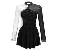 RUNQHUI Femme Justaucorps Robe Patinage Artistique Strass Brillant Manches Longues Leotard Gymnastique Danse S-XXL Type A Noir M