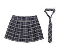 RUNQHUI Femme Mini Jupe Carreaux Ecossaise Courte Jupe Plissée avec Cravate Costume Ecolière Clubwear S-4XL Type A Bleu Marine XXL