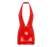 RUNQHUI Femme Mini Robe Courte Moulante Dos Nu Robe Décolleté Plongeant Cuir Verni Wetlook Robe Clubwear S-4XL Type A Rouge XL