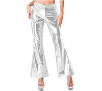 RUNQHUI Femme Pantalon Métallique Evasé Pantalon À Pattes D'éléphant Disco Années 70 Costume Hippie Disco Danse Argent XXL