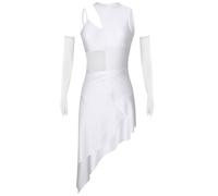 RUNQHUI Femme Robe Danse Contemporaine Asymétrique Tenue Danse Latine Salsa Rumba Cha Cha Samba Dancewear Blanc M