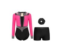 RUNQHUI Fille 3 Pièces Ensemble Gymnastique Justaucorps Manches Longues avec Short et Bandeau des Cheveux Tenue Gymnastique Strass pour Compétition Spectacle B Rose vif Noir 9-10 ans