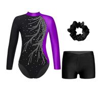 RUNQHUI Fille Justaucorps Gymnastique avec Short Gym Danse Bandeau de Cheveux Tenue Leotard Ballet Manches Longues 5-16 Ans B Violet Noir 5-6 ans