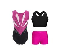 RUNQHUI Fille Justaucorps Gymnastique sans Manches Strass Ensemble Short et Débardeur Brassière Sport Gym Danse Patinage Rose vif 13-14 ans