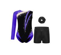 RUNQHUI Fille Justaucorps Gymnastique Une Epaule Strass Short Ensemble Tenue Patinage Artistique Danse Spectacle Compétition Violet Noir 15-16 ans