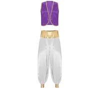 RUNQHUI Homme Costume Prince Arabe Déguisement Oriental Ensemble Tenue Pantalon Sarouel et Gilet sans Manches Carnaval Fête Halloween Cosplay B Violet foncé&Blanc M