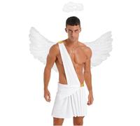 RUNQHUI Homme Déguisement Ange Costume 3Pcs Tenue Ailes D'Ange Serre-tête Auréole Cosplay pour Saint Valentin Halloween Carnaval Blanc 3XL