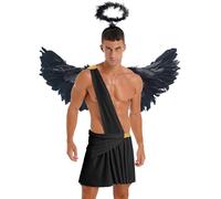 RUNQHUI Homme Déguisement Ange Costume 3Pcs Tenue Ailes D'Ange Serre-tête Auréole Cosplay pour Saint Valentin Halloween Carnaval Noir XL