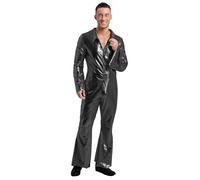 RUNQHUI Homme Déguisement Disco Costume Métallique Brillant Combinaison Pantalon Evasées Clubwear Party Halloween Carnaval S-4XL A Noir M