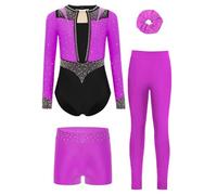 RUNQHUI Justaucorps 4 Pièces pour Fille Manches Longues avec Short et Bandeau des Cheveux et Legging Ensemble de Gymnastique Violet 7-8 ans