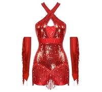 RUNQHUI Justaucorps Latine Jazz Danse Femme Costume Moderne Gants Frangé Paillette Métallique Ensemble Spectacle A Rouge L