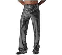 RUNQHUI Pantalon Évasé Disco Homme à Paillette Style Années 70 Déguisement Disco Pantalon À Pattes D'éléphant Argenté M