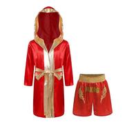 RUNQHUI Peignoir de Boxe Enfant Garçon Short de Boxe Muay Thai MMA Kickboxing Uniforme de Boxe Ensemble Bourgogne 11-12 ans