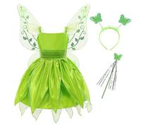 RUNQHUI Robe Fée Clochette Fille Enfant Robe Elfe Princesse avec Papillon Ailes Serre-tête Baguette Magique pour Carnaval Halloween Vert 9-10 Ans