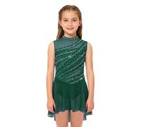 RUNQHUI Robe Patinage Artistique Fille Body Strass sans Manches Justaucorps Gymnastique Leotard Ballet Robe Danse Contemporaine Vert foncé 7-8 Ans