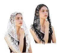RUNRAYAY 2 Pcs Mass Veil Triangle Mantilla Cathedral Head Covering, Veils for Church Catholic with Tassels Lace Latin for Women Mass Wedding Bridal