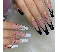 RUNRAYAY 24 pièces Appuyez Sur les Ongles Longs Faux Ongles, Ballet Français en Acrylique Noir et Blanc avec des Ongles en Feuille D'Or pour Femmes et Filles