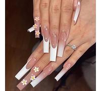 RUNRAYAY 24Pcs Nude Coffin Press on Nails Long avec 3D Daisy Flower, Fake Nails Press on with White French Tips, Faux Ongles en Acrylique pour Femmes et Filles