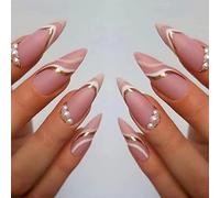 RUNRAYAY 24Pcs Rose Swirl Press on Nails Long Cercueil, Nude Wave Ballerina Fake Nails with Pearl, False Nails Acrylique pour Femmes et Filles