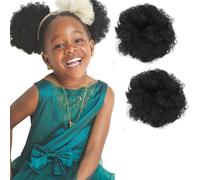 RUNRAYAY 2Pcs Petite Extension de Queue de Cheval Afro Puff pour Enfants, Queues de Cheval Naturelles avec Cordon de Serrage et Chignon en Désordre Coiffure Afro Puff Queue de Cheval pour Filles