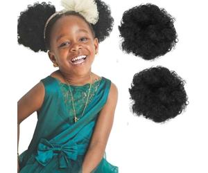RUNRAYAY 2Pcs Petite Extension de Queue de Cheval Afro Puff pour Enfants, Queues de Cheval Naturelles avec Cordon de Serrage et Chignon en Désordre Coiffure Afro Puff Queue de Cheval pour Filles