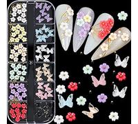 RUNRAYAY 3D Fleurs et Papillons Ongles Charms, Clous à Ongles pour Ongles en Acrylique avec Perles de Caviar Doré, Nail Art Diamants pour Femmes DIY Ongles Strass
