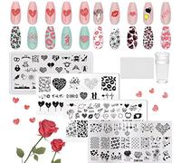 RUNRAYAY 6 plaques pour ongles en forme de coeur avec tampon et grattoir pour ongles, thème de la Saint Valentin, plaques pour ongles Love Lips Plaid Templates Kit de tampons pour ongles Image