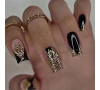RUNRAYAY avec des ongles longs or noir carré français Faux ongles couverts entièrement Faux ongles féminins acryliques nus 24Pcs