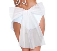 RUNRAYAY Bachelorette Bikini Bow White Tulle with Pearls, Beach Pool Party Bathing Suit Accessory, Bridal Shower Supplies, Summer Bride to Be Swimsuit Outfit, Bridesmaid Favors, Engagement, B