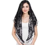 RUNRAYAY Black Triangle Vintage Inspired Lace Chapel Veils with Tassels, Catholic Mass Head Covering Scarf Mantilla Veils for Church